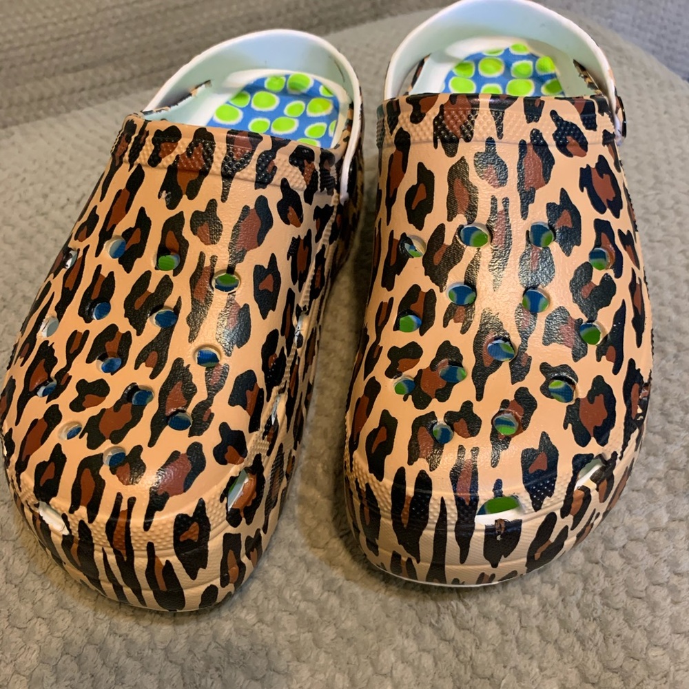 Leopard print, platform “croc” style shoes
